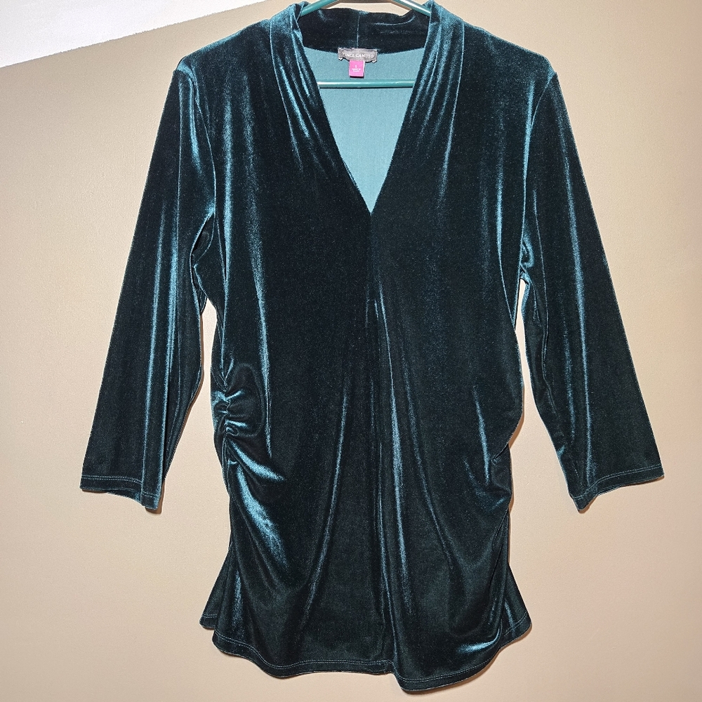 Vince Camuto Women's Tunic Top Green Velour Velvet Ruched Size Large V-neck